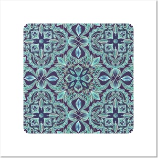 Chalkboard Floral Pattern in Teal & Navy Posters and Art